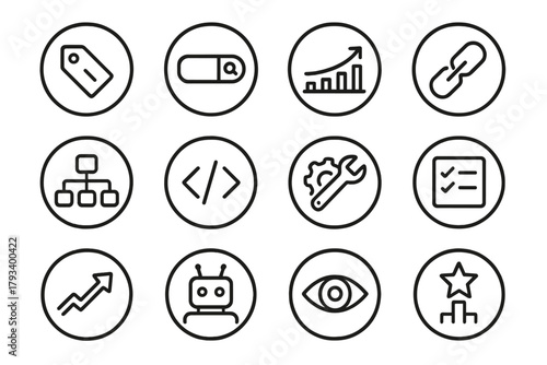SEO Tools Icons. Line style round icons of SEO tools: keyword tag, search bar, ranking chart, backlink icon; sitemap, meta tag,
