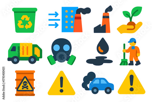 Pollution Control Icons. Flat vector icons of Pollution Control: Recycling Bin, Air Filter, Smoke Stack, Water Purifier, Trash