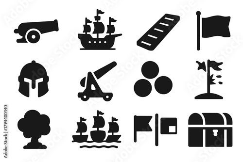 Naval Battle Icons. Solid style icons of naval battles: cannon, warship, boarding plank, flag, armor helmet, catapult, cannonball,