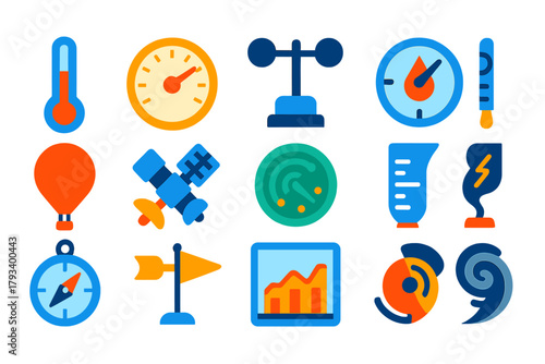 Climate Science Icons. Flat vector icons of Climate Science Tools: Thermometer, Barometer, Anemometer, Hygrometer, Weather Balloon