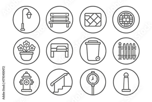 Urban Elements Icons. Line style round icons of urban details: streetlight, bench, manhole cover, signpost; flower pot, pavement