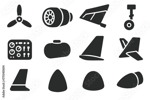 Aircraft Component Icons. Solid style icons of aircraft components: propeller, turbine engine, wing flaps, landing gear, cockpit