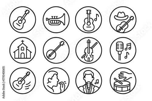 Classic Music Icons. Line style round icons of classic music styles: blues, jazz, folk, country; gospel, bluegrass, old-time,