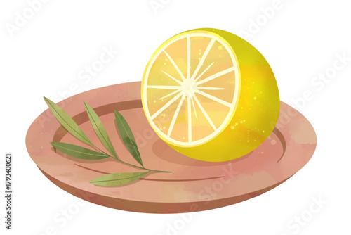 Lemon and provencal herbs served on a plate. Hand painted in watercolor. Perfect for food illustration.