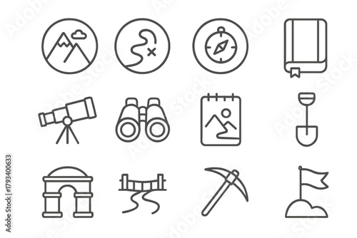 Exploration Icons Set. Line style round icons of exploration and discovery: mountain, trail, compass, journal; telescope,