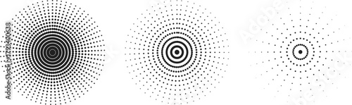 Three black and white halftone circular radiate objects in a row. Pop art or manga anime style design elements. Resembling waves or ripples. Clean simple isolated vector.
