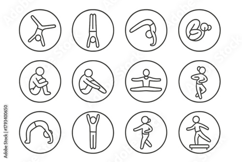 Gymnastic Movement Icons. Line style round icons of gymnastic movements: cartwheel, handstand, backflip, roll; tuck, pike, split,