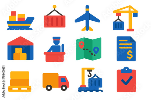 International Trade Icons. Flat vector icons of International Trade: Cargo Ship, Air Freight, Container, Crane, Warehouse, Customs