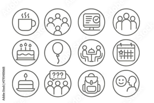Workplace Ritual Icons. Line style round icons of workplace rituals: morning coffee, daily standup, Friday wrap-up, team huddle;