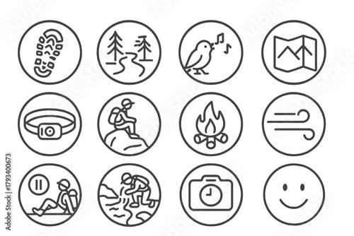 Solo Hiking Icons. Line style round icons of solo hiking: single boot print, quiet trail, bird song, open map; headlamp, lookout