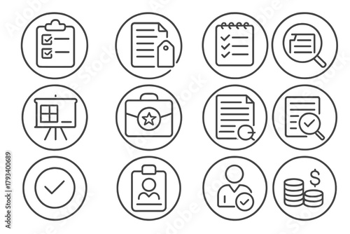Audit Process Line Icons. Line style round icons of auditing process: audit checklist, report tag, compliance log, financial