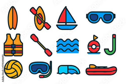 Colorful Water Sports Icons. Flat vector icons of water sports: surfboard, kayak, sailboat, swimming goggles, life jacket, paddle,