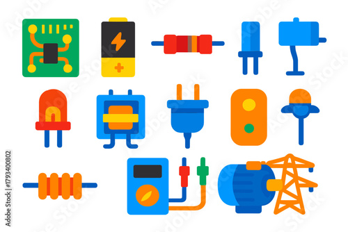 Bright Electrical Icons. Flat vector icons of electrical engineering: circuit board, battery, resistor, capacitor, LED,