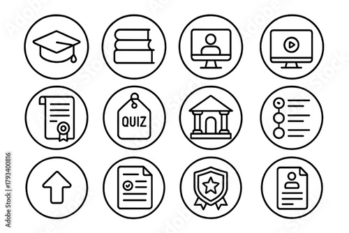 Continuing Education Icons. Line style round icons of continuing education: cap icon, library stack, webinar screen, online course