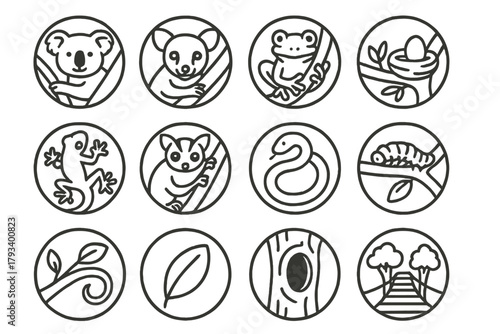 Tree-Dwellers Outline Icons. Line style round icons of tree-dwelling animals: koala, possum, tree frog, bird nest; gecko, sugar