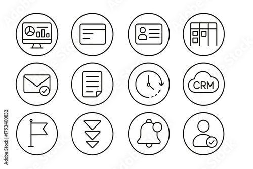 Sales CRM Tool Icons. Line style round icons of sales CRM tools: dashboard view, pipeline card, contact record, deal board; email