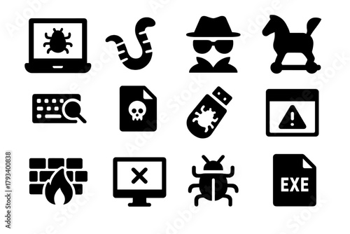 Malware Icons Collection. Solid style icons of malware types: computer virus, worm, spyware, Trojan, keylogger, corrupted file,