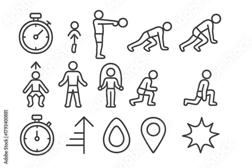 HIIT Workout Icons. Line style round icons of HIIT workout: timer, kettlebell swing, burpee, mountain climber; squat jump, jump