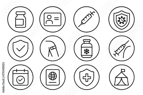 Vaccination Icon Set. Line style round icons of vaccination and prevention: vaccine vial, immunization card, syringe icon, virus