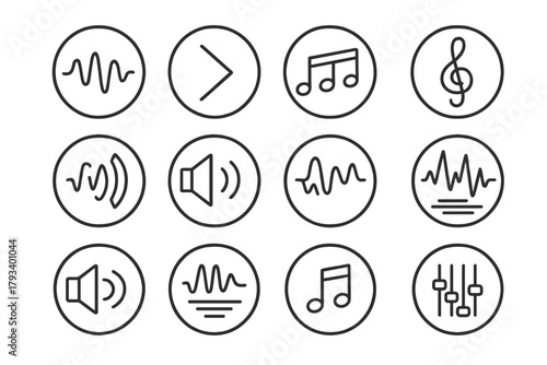 Musical Expression Icons. Line style round icons of musical expression: sound wave, dynamic, rhythm, tone; vibrato, echo, delay,