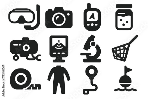 Marine Research Tools Icons. Solid style icons of marine research tools: diving mask, snorkel, underwater camera, GPS tracker,