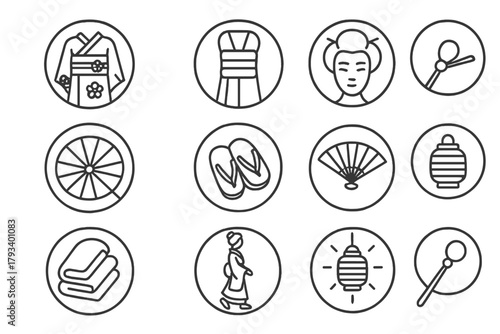 Geisha Icon Set. Line style round icons of geisha attire: ornate kimono, tall obi, painted face, hair comb; umbrella, geta shoes,