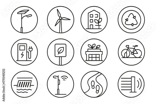 Eco-Friendly Infrastructure Icons. Line style round icons of clean infrastructure: solar street light, wind tower, green building,