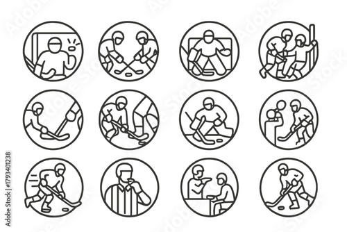 Hockey Icons Collection. Line style round icons of game moments: goal, faceoff, save, check; pass, slapshot, block, rebound; rush,