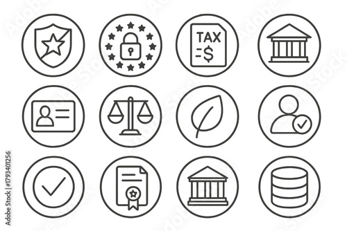 Regulatory Icons Collection. Line style round icons of regulatory bodies: SEC badge, data authority icon, tax agency, legal