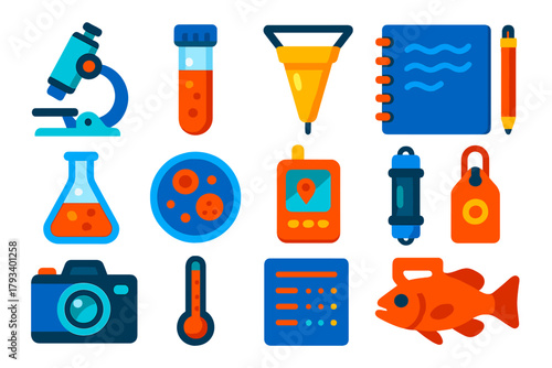 Marine Research Icons. Flat vector icons of marine biology research: microscope, sample vial, net, underwater notebook, lab flask,