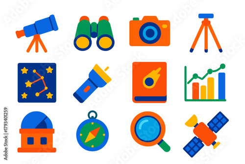 Meteor Observation Icons. Flat vector icons of Meteor Observation Tools: Telescope, Binoculars, Camera, Tripod, Star Map,