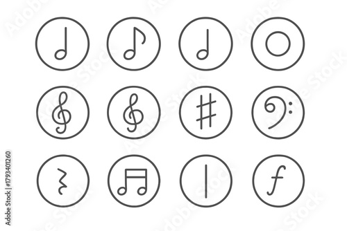Musical Symbols Icons. Line style round icons of musical notes: quarter note, eighth note, half note, whole note; treble clef,