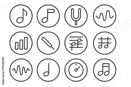 Musical Tone Icons. Line style round icons of tone and pitch: high note, low note, tuning fork, wave height; sound meter, pitch