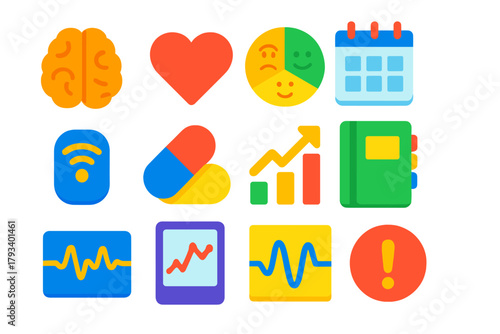 Mental Health Icons. Flat vector icons of Mental Health Monitoring: Brain, Heart, Mood Tracker, Calendar, Sensor, Pill, Chart,