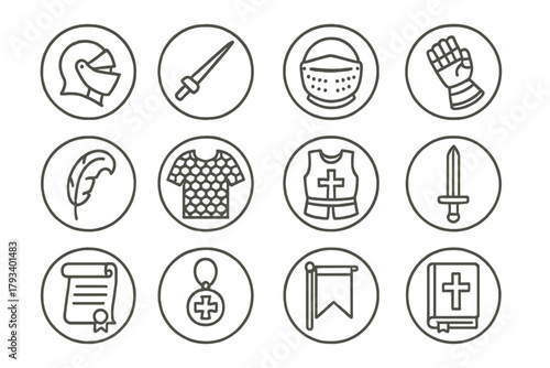 Knightly Honor Icons. Line style round icons of knightly honor: helmet, lance, visor, gauntlet; plume, chainmail, tabard, sword;