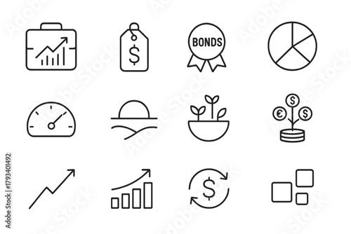 Investment Planning Icons. Line style round icons of investment planning: portfolio graph, stocks tag, bonds icon, diversification