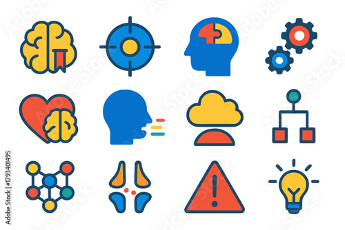 Flat Cognitive Function Icons. Flat vector icons of Cognitive Functions: Memory, Attention, Problem Solving, Reasoning, Emotion,