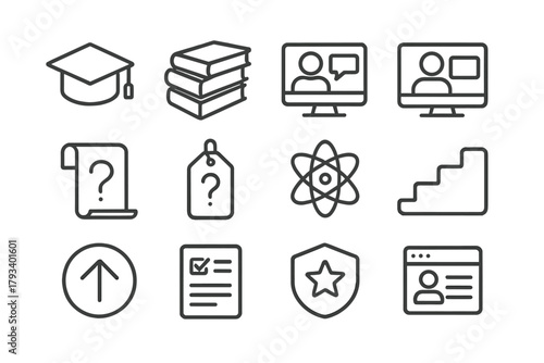 Continuing Education Icons. Line style round icons of continuing education: cap icon, library stack, webinar screen, online course