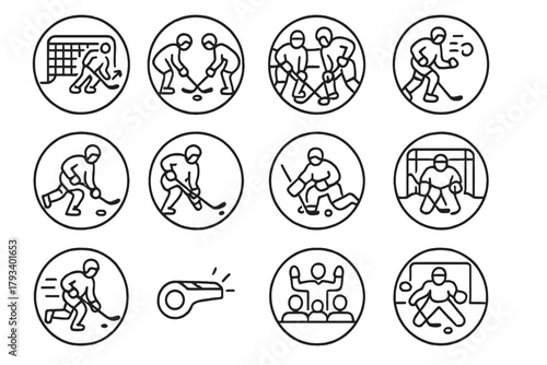Hockey Icons Collection. Line style round icons of game moments: goal, faceoff, save, check; pass, slapshot, block, rebound; rush,