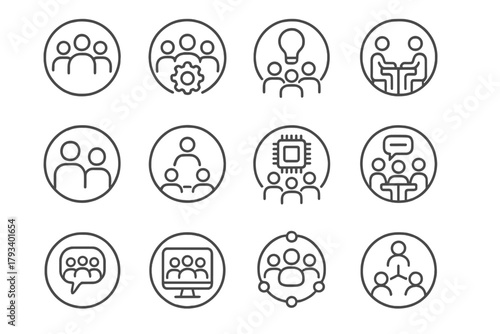 Professional Circles Icons. Line style round icons of professional circles: alumni group, industry niche, mastermind group,