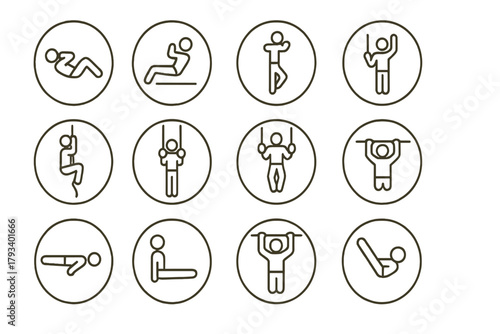 Strength Exercise Icons. Line style round icons of strength elements: core crunch, arm hold, shoulder press, leg lift; rope climb,