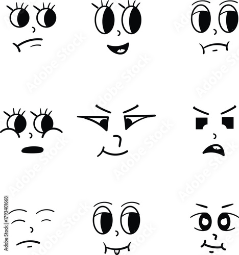 a collection of nine simple black and white cartoon faces displaying various emotions and expressions