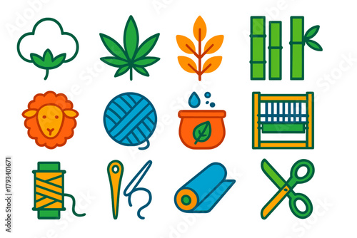 Eco Fabric Icons. Flat vector icons of Eco-friendly Fabrics: Cotton, Hemp, Linen, Bamboo, Wool, Yarn, Dye Pot, Loom, Thread,