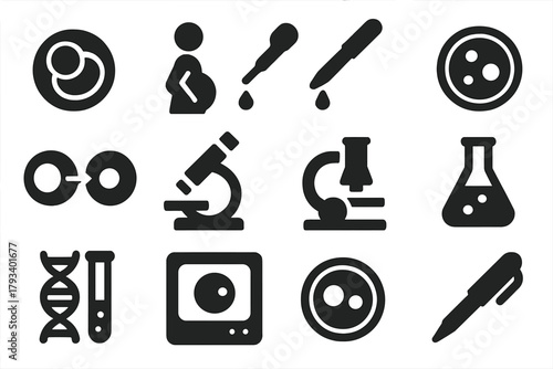 Cloning Technique Icons. Solid style icons of cloning techniques: cloned embryo, surrogate, pipette, culture dish, nucleus