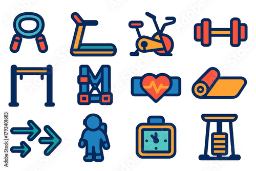 Space Exercise Icons. Flat vector icons of exercise in space: resistance band, treadmill, bicycle, dumbbell, pull-up bar, harness,