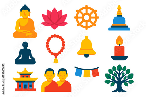 Buddhism Icon Set. Flat vector icons of Buddhism Symbols: Buddha Statue, Lotus Flower, Dharma Wheel, Meditation Pose, Prayer Beads