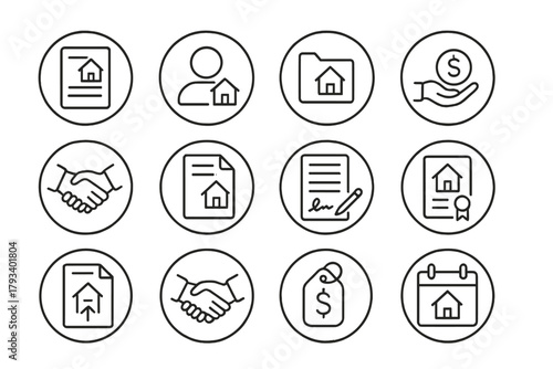 Real Estate Icons. Line style round icons of real estate transactions: listing page, buyer profile, escrow file, down payment;