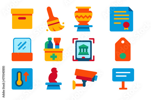Heritage Preservation Icons. Flat vector icons of Heritage Preservation: Archive Box, Restoration Brush, Museum Display,