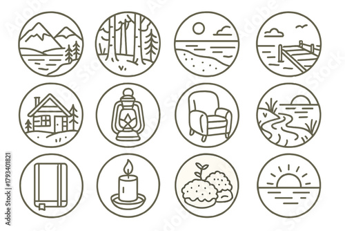Peaceful Place Icons. Line style round icons of peaceful places: mountain lake, quiet forest, foggy beach, empty dock; cabin,