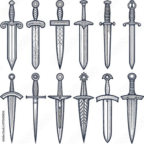 Two crossed medieval antique swords illustration vector silhouette drawing